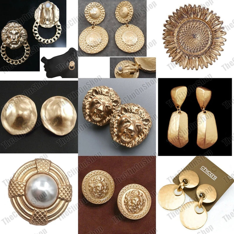 Gold-tone sunflower clip-on earrings, textured large round medallions with central detail