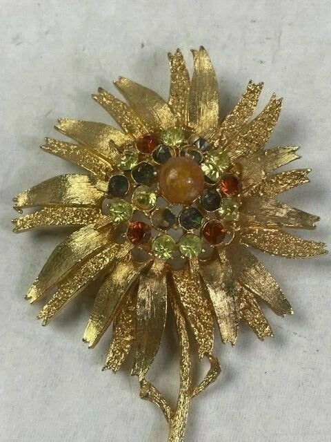 Vintage  Coro Gold  SunFlower Brooch W/ Multi Color Rhinestones, signed Sunflower