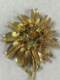 Vintage  Coro Gold  SunFlower Brooch W/ Multi Color Rhinestones, signed Sunflower