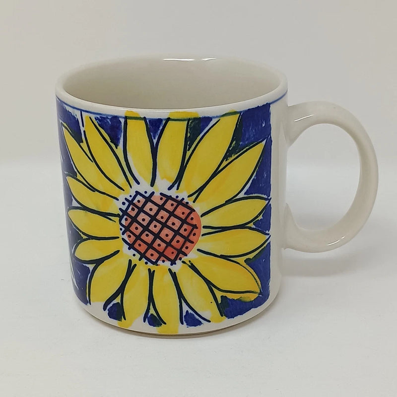 Yellow and blue sunflower hand-painted coffee mug with round cup and handle