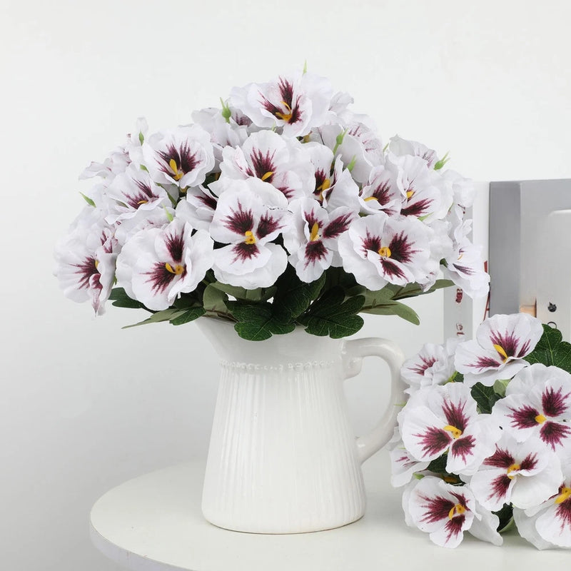 Silk pansy flower bouquet in white vase with matching small bouquet