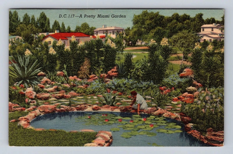 Miami FL-Florida, Lily Pond, Flower Garden, Antique Vintage Souvenir Postcard Lily