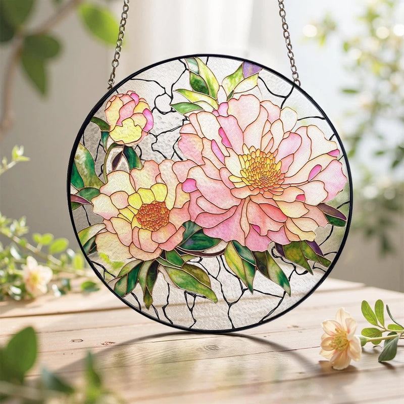 Round peony stained glass suncatcher with hanging chain and multicolor flower design