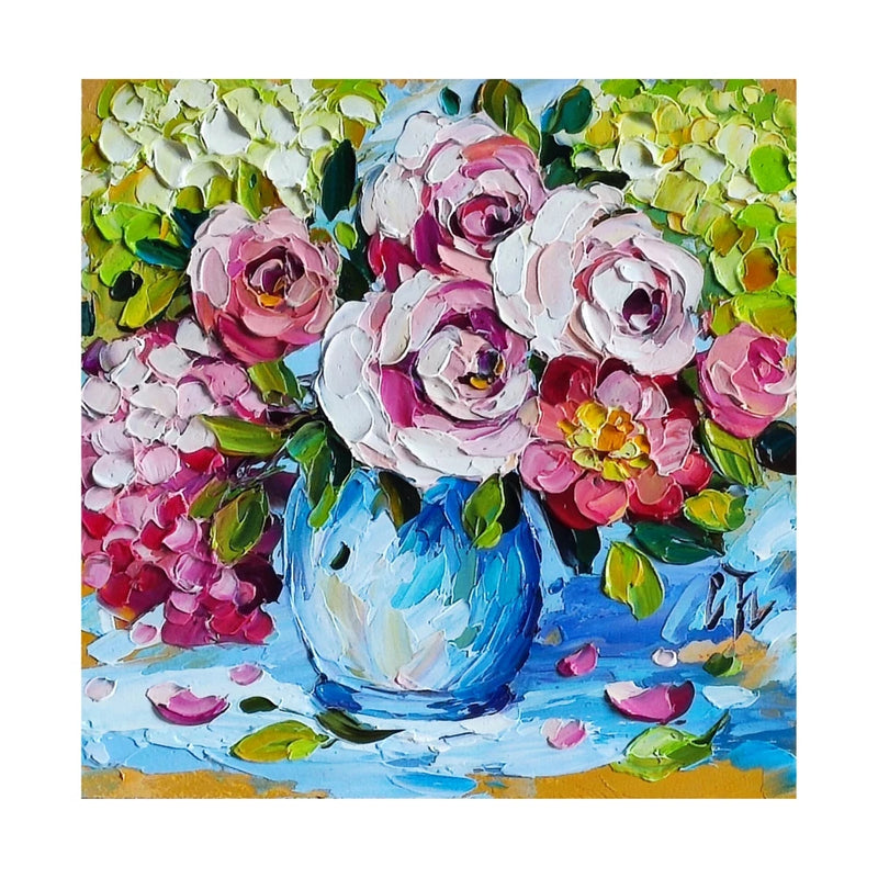 original oil painting Rose Hydrangea Flowers Impasto Floral small art 6*6 in Hydrangea