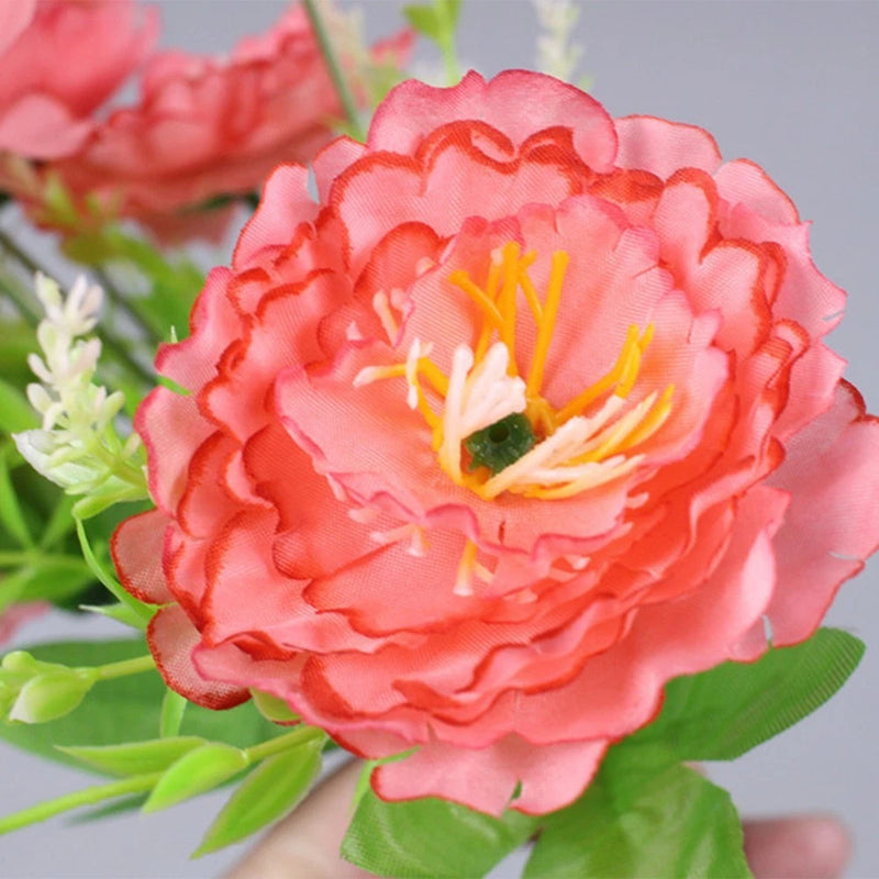 Peony bouquet with pink flower and green leaves