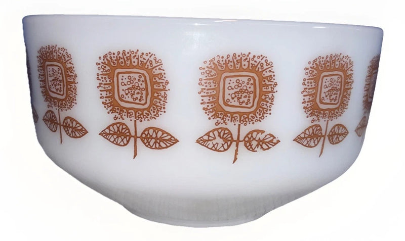 Vintg Federal Milk Glass Golden Flower Bowl, Serving Bowl, MCM, Sunflower, Fall Sunflower
