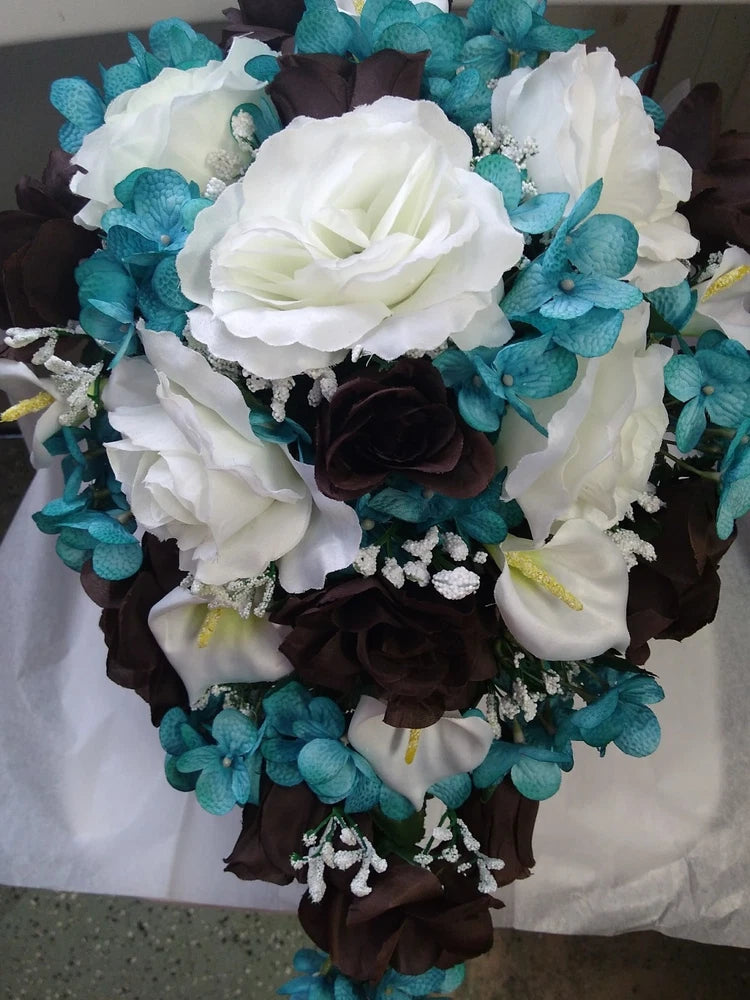 20 PC PKG SILK  BOUQUETS IVORY CALA LILY TEAL BROWN & IVORY BOUTS CORSAGES Lily