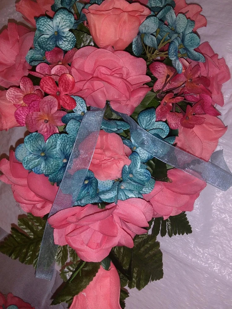 LARGE WEDDING BOUQUET CASCADE TEAL AND CORAL OR ANY COLOR_ & RUSH AVAIL Bouquet