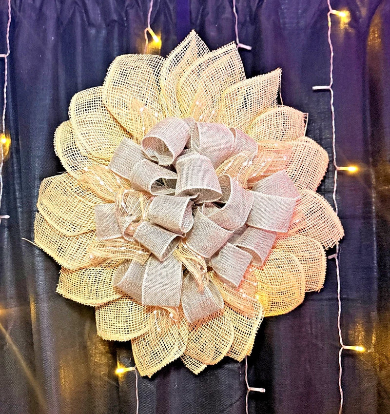 Burlap sunflower wreath with layered burlap petals and fabric bow