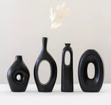 Nordic Oval Donut Vase Set - 4 Black Ceramic Vases for Pampas Grass & Minimalist Pampas Grass