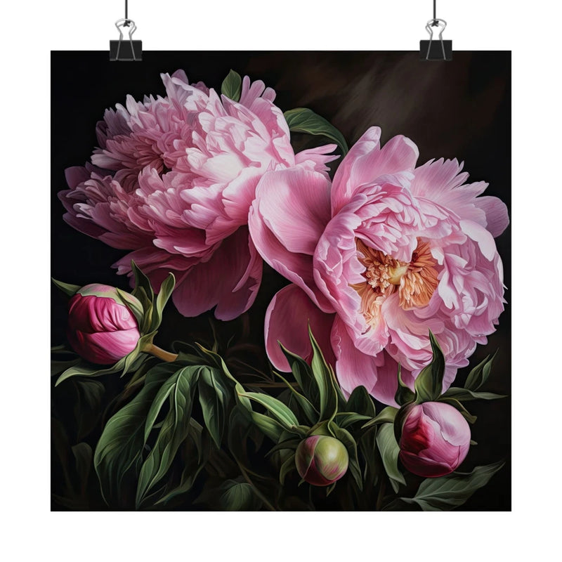 Pink peony flower art print with layered petals and green leaves