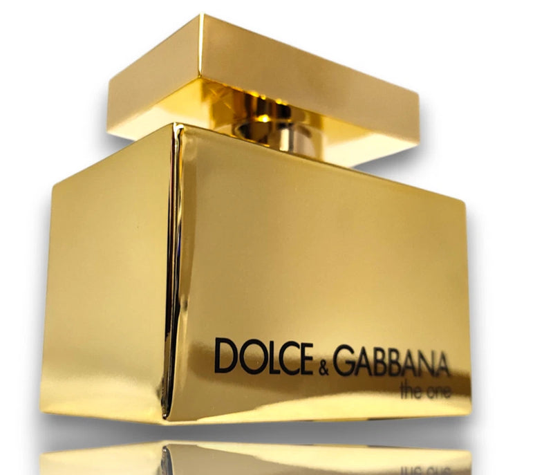 Gold Dolce & Gabbana The One EDP bottle with black label text on front