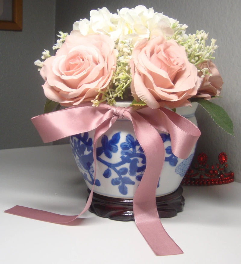 Fabric Pink Roses, White Hydrangea & Faux Baby's Breath Flower Pot Arrangement Hydrangea