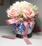 Fabric Pink Roses, White Hydrangea & Faux Baby's Breath Flower Pot Arrangement Hydrangea