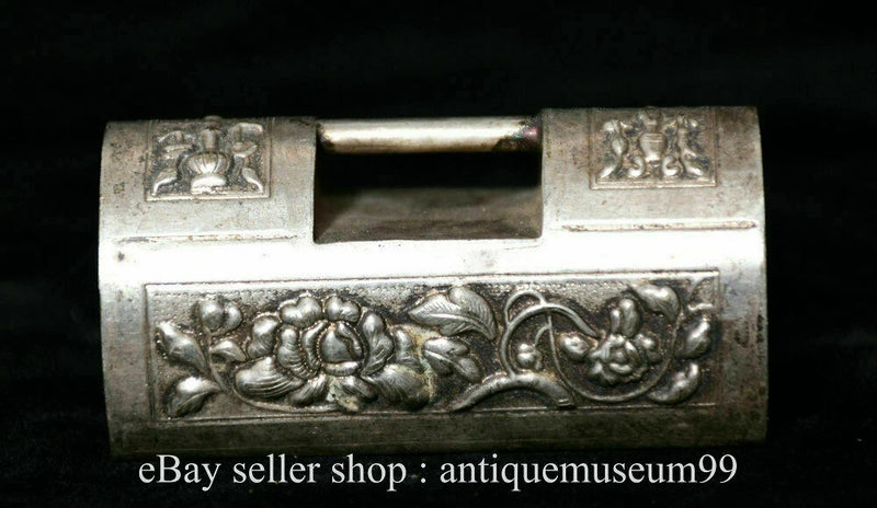 2.8" Ancient china rare silver dynasty palace peony flower words lockset lock Peony