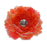 Large Double Silk Peony 5.5" Orange Flower Hair Clip Handmade Big Crystal Peony