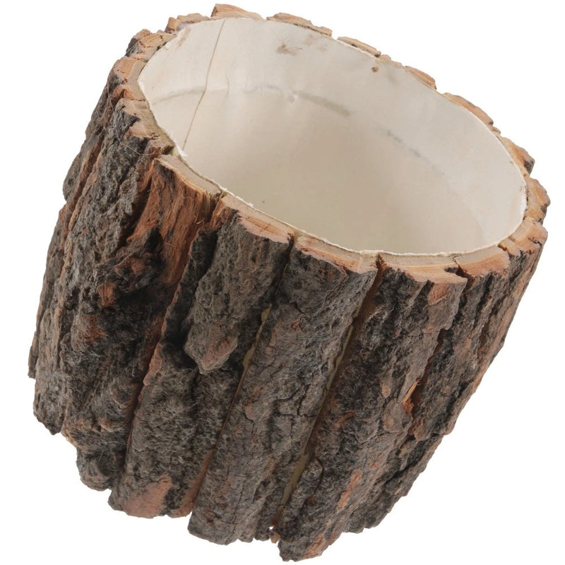 Wood log planter with bark exterior and hollow interior for outdoor plants
