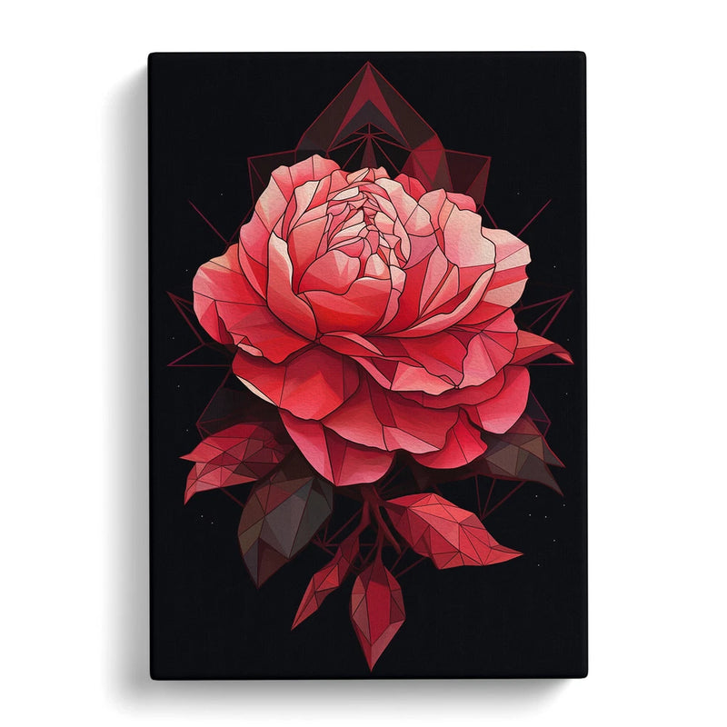 Framed geometric peony flower canvas wall art, pink and red bloom on dark background