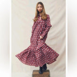 Ophelia & Indigo Sophia Dress Burgundy Hydrangea Block Print Cotton Sz S Hydrangea