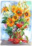 Sunflowers In Vase - Original Handmade Watercolor Painting, Still Live Herbs Sunflower