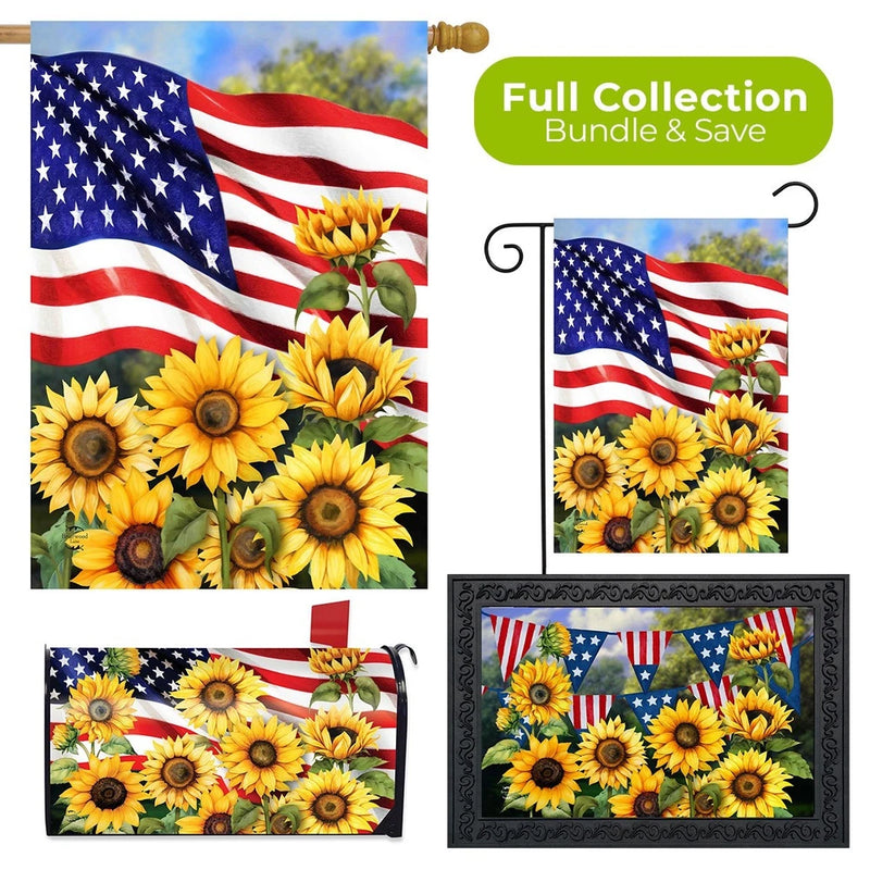 Sunflower-themed American garden flag with bright yellow sunflowers and blue star field