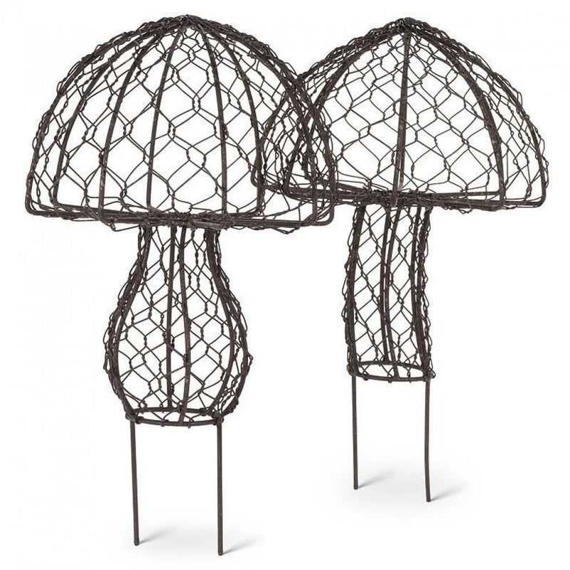 Set of 2 mesh mushroom garden stakes, dark brown wire, with two mushroom heads