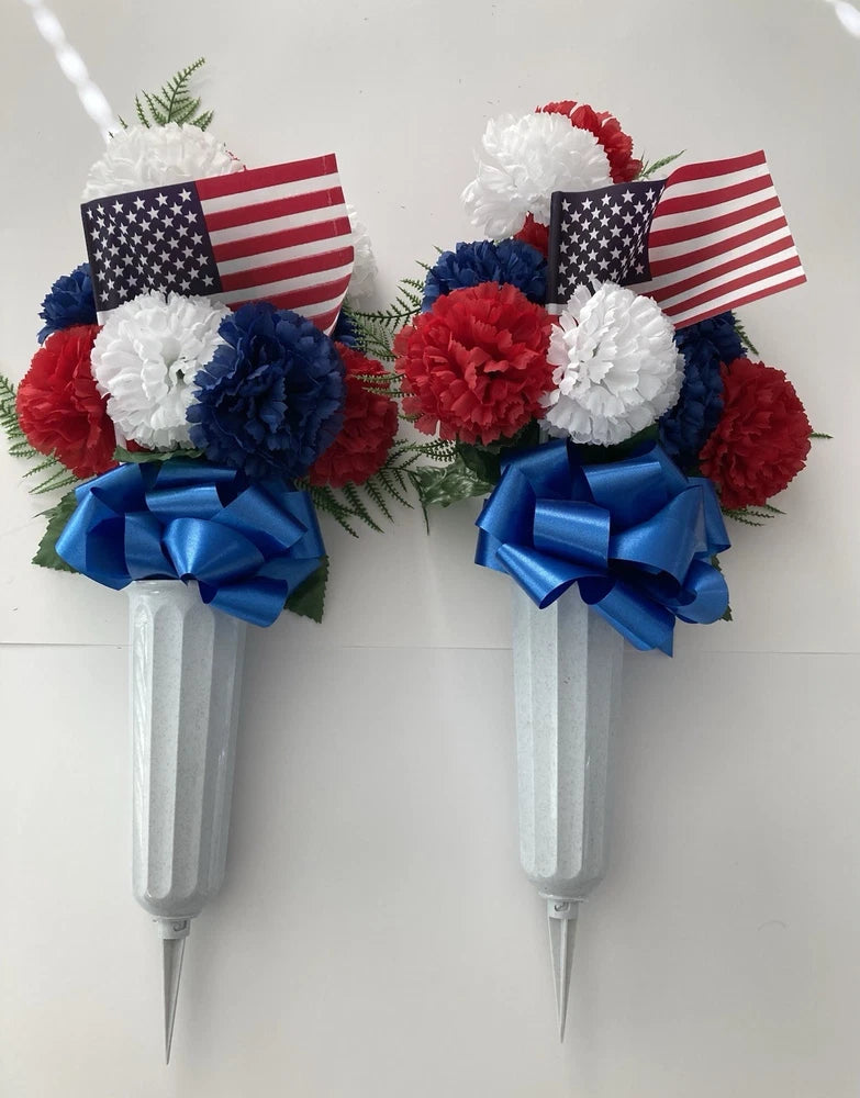 Two-pack artificial carnation cemetery flowers in white vases with red/blue flags