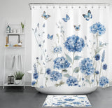 Butterfly Plant Leaf Blue Hydrangea Floral Shower Curtain Set for Bathroom Decor Hydrangea
