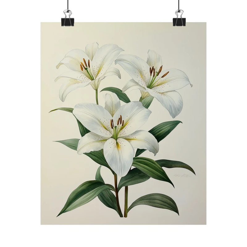 Floral lily art print poster with white lilies and green leaves