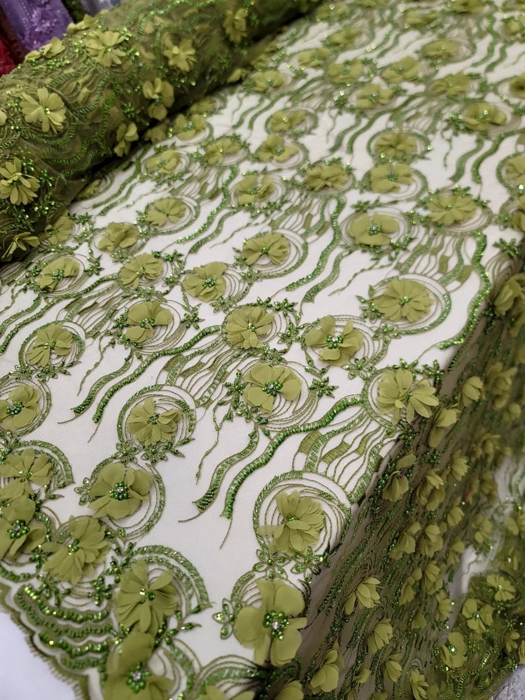 Olive Green Lace Fabric Sold By The Yard 3d Floral Beaded Scalloped Prom Bridal Flowering Plants