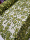 Olive Green Lace Fabric Sold By The Yard 3d Floral Beaded Scalloped Prom Bridal Flowering Plants