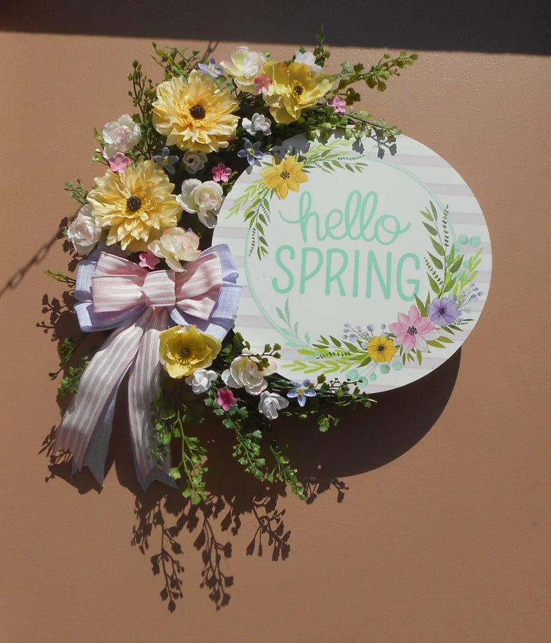 17" Hello Spring Pink Ranunculus Yellow Dahlia Purple Floral Grapevine Wreath Ranunculus