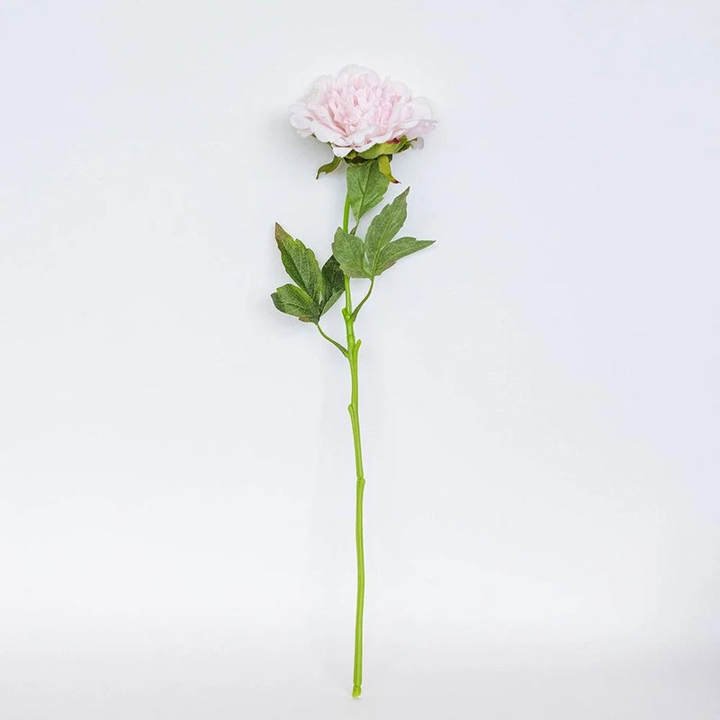 Artificial pink peony stem with single bloom and green leaf cluster