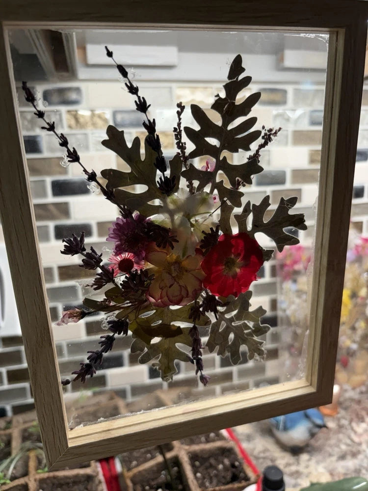 Framed glass pressed flower arrangement with dark leaves and red accents