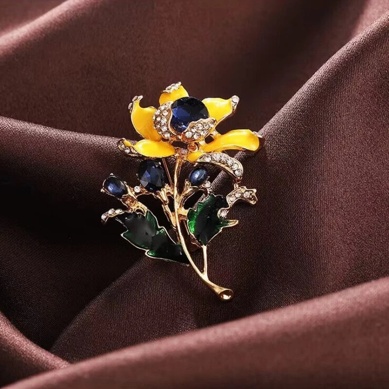 Yellow Enamel Blue Crystal Sunflower Flower Brooch Pin Sunflower