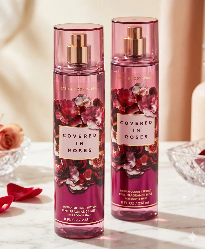 Bath & Body Works Covered In Roses mist body spray set of 2, pink rose-print bottles
