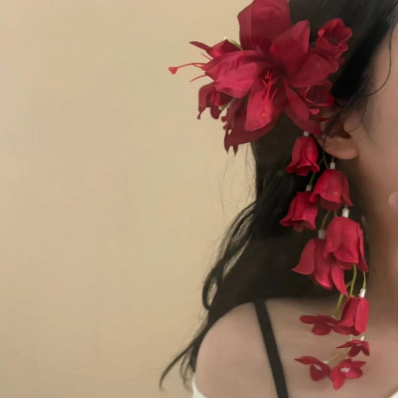 Red Lily Of The Valley Tassel Hair Clip Artificial Flower Hairpin For Women Lily