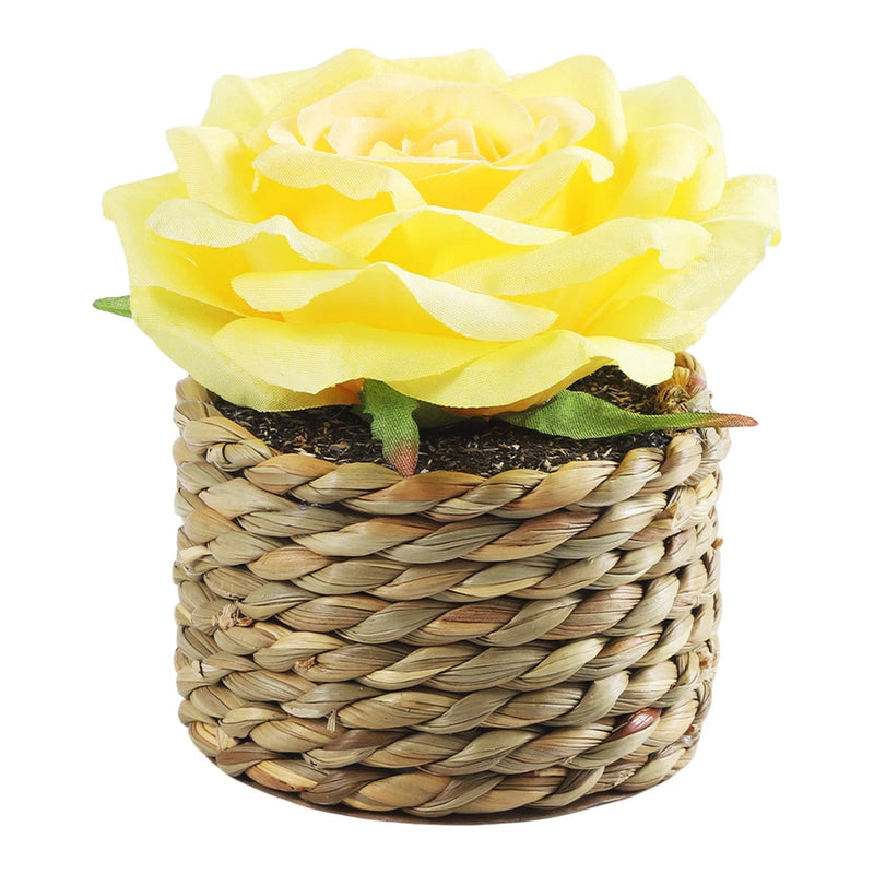 Yellow foam rose flower in mini woven basket pot