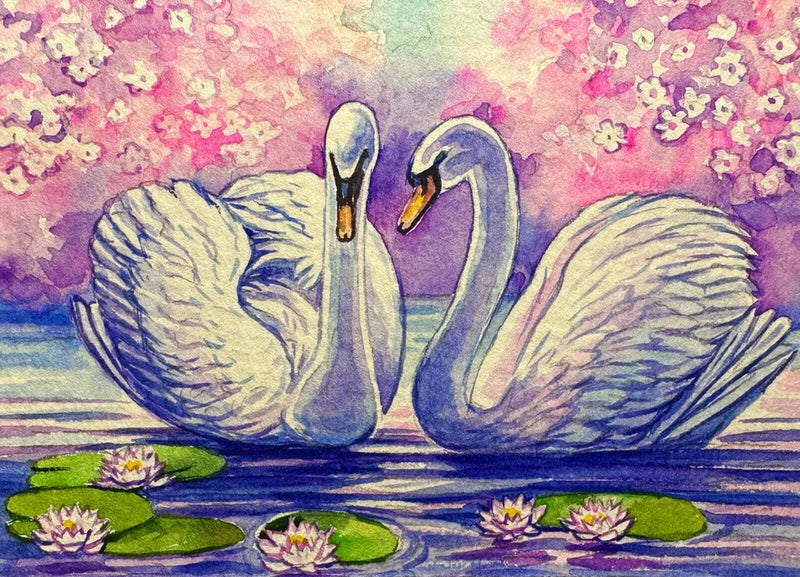 Watercolor Painting White Swans Birds Pond Lake Lily Flowers ACEO Art No.232 Lily