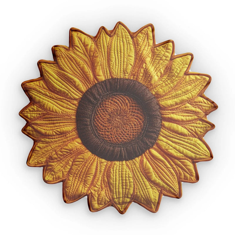 Sunflower-shaped quilted plush pillow with yellow petals and dark brown center