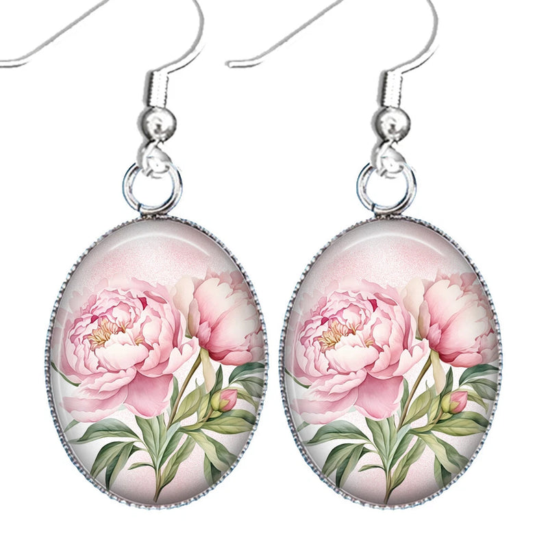 Silver oval drop earrings with watercolor pink peony flowers and green leaves
