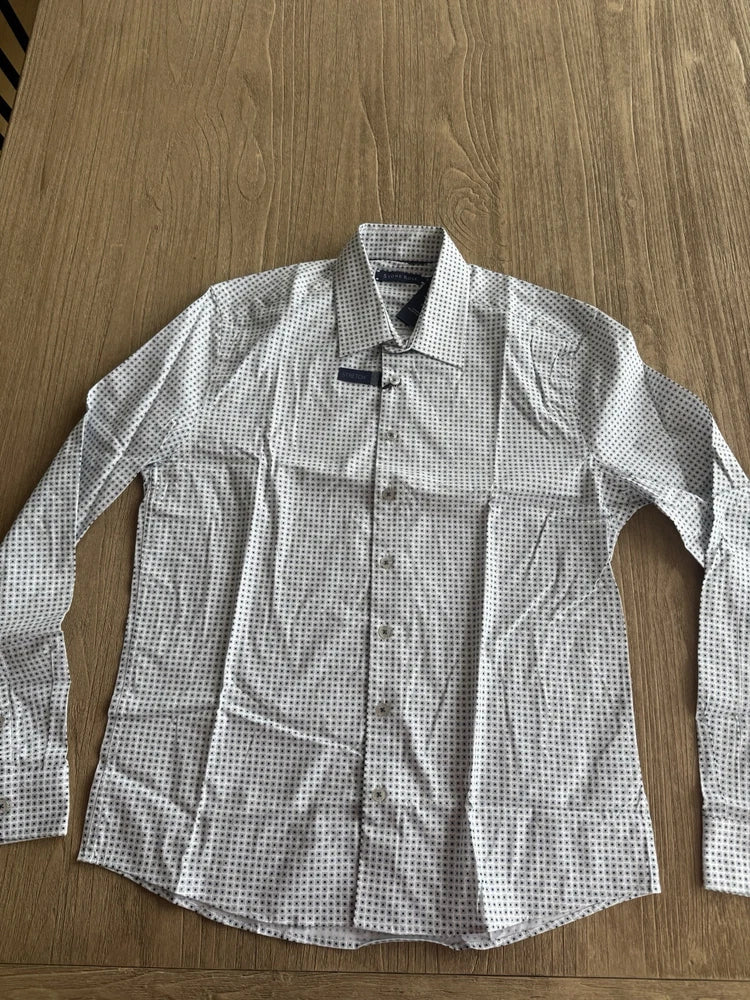 Stone Rose men’s button-down shirt, grey with navy dotted print, long sleeves and front buttons