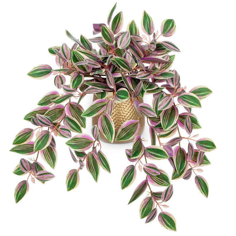 Faux Plants Indoor 17.7 Inch Gold Pot Pink Leaves Watermelon Peperomia Silk Green Plant