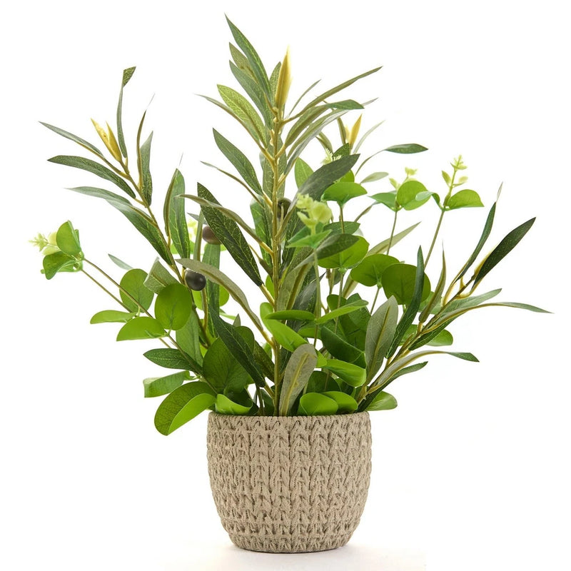Artificial olive and eucalyptus faux plant in textured jute-look fabric pot, green leaves