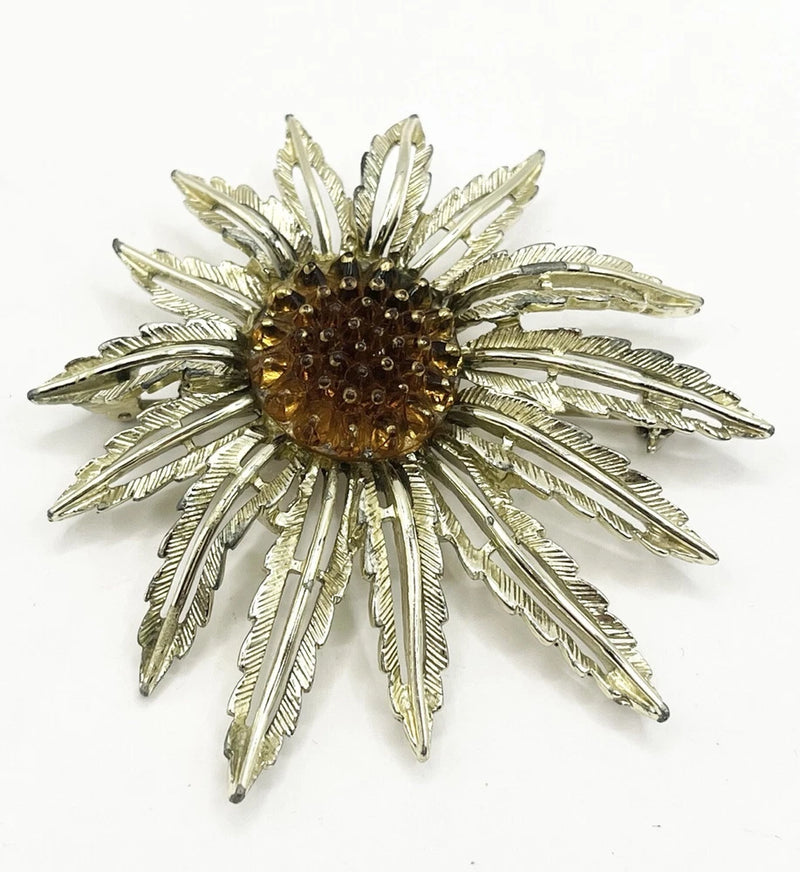 Vintage sunflower brooch pin, gold-tone petals with dark beaded center