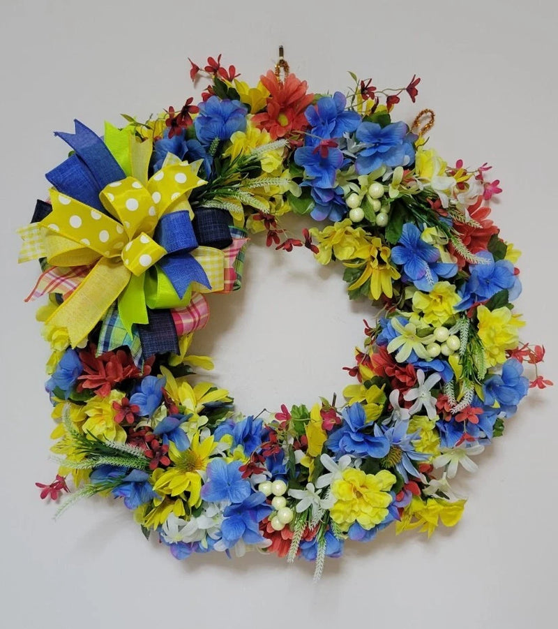WREATH Blue Yellow Red Green FALL Spring everyday GRAPEVINE Front Door Wall Deco Hydrangea