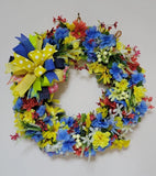 WREATH Blue Yellow Red Green FALL Spring everyday GRAPEVINE Front Door Wall Deco Hydrangea