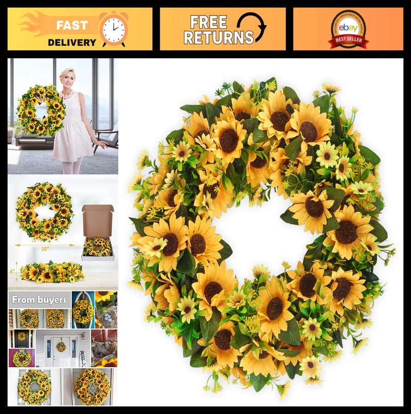 20" Artificial Sunflower Wreath - Summer Fall Floral Decor for Door, Wall, Windo Sunflower
