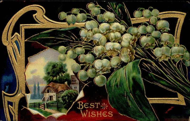 Vintage postcard with gilt lily-of-the-valley leaves and 'Best Wishes' lettering