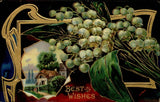 BEST WISHES Lily of the Valley gilt embossed vintage postcard Lily